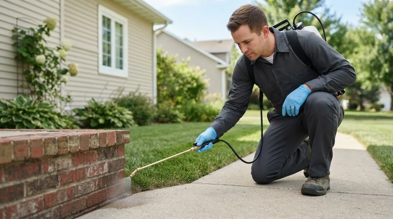 Pest control technician treating a home near Nordheim, TX