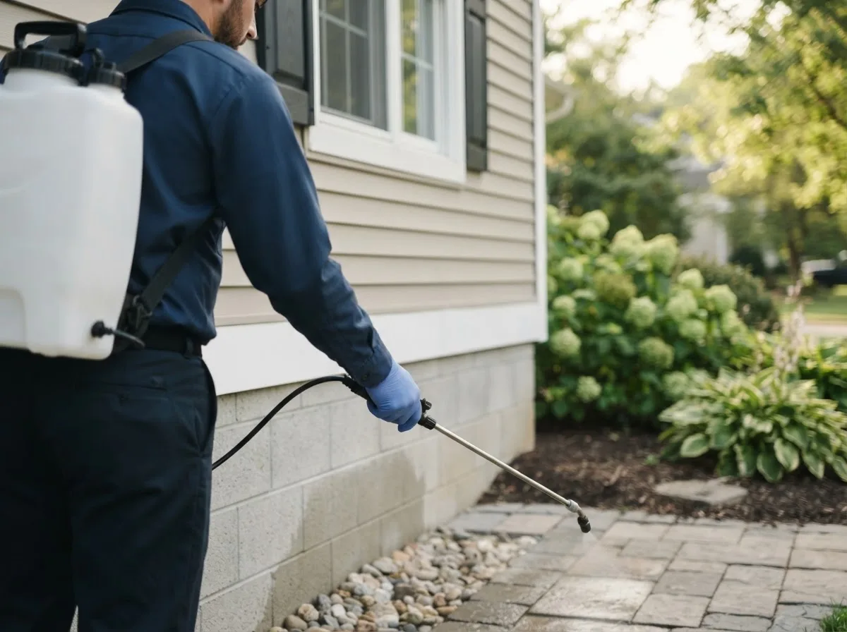 Pest control technician inspecting a home in Nordheim, TX
